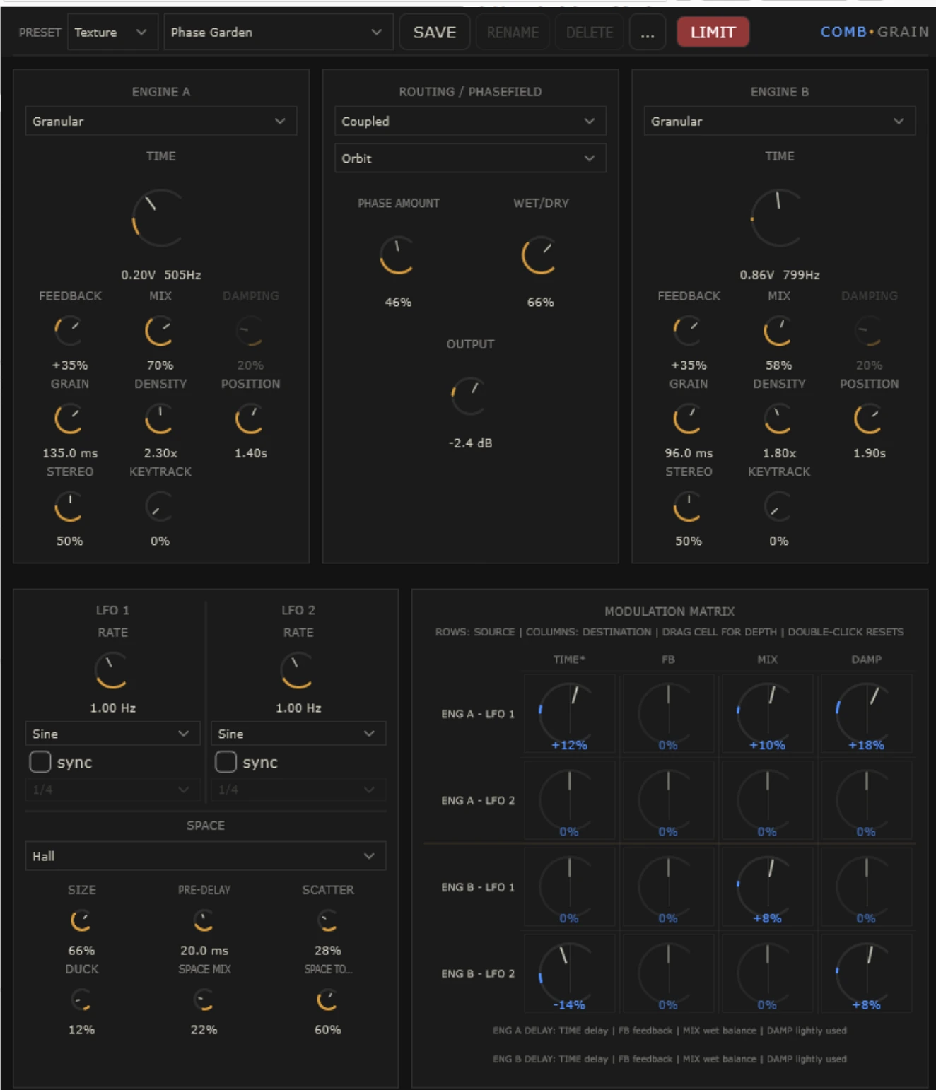 CombGrain interface showing dual engines, routing, Phasefield, Space and modulation matrix