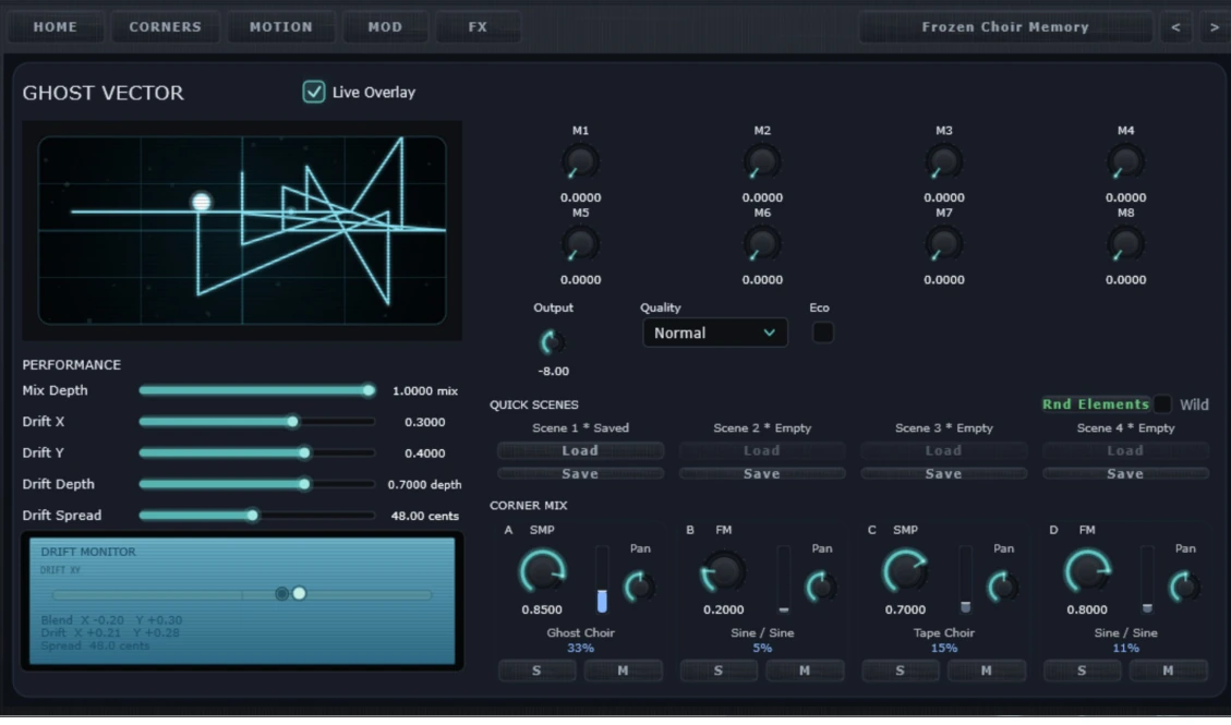 Ghost Vector Home page showing vector display, macro controls, drift monitor and corner mix